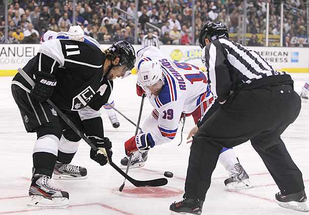 Anze Kopitar of the Los Angeles Kings and Brad Richards of the New York Rangers